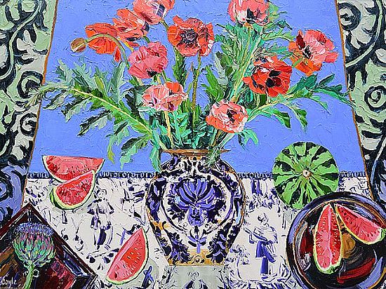 View Still life with poppies, artichokes  and watermelons